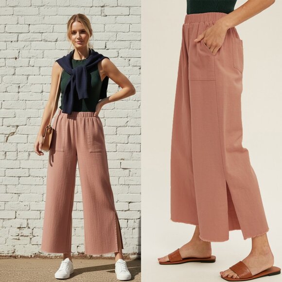 Wide linen pants with side slit - Elasticated waistband - Picture 2 of 3
